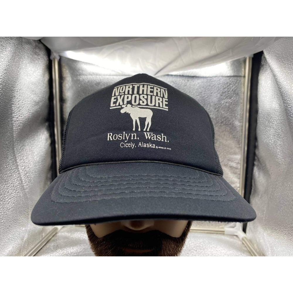Northern Exposure Trucker Hat Mens OSFA Black Vintage 1990 Moose Roslyn Wash
